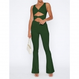 Green Sleeveless V Neck Hollow-out Solid Women Sexy Jumpsuit