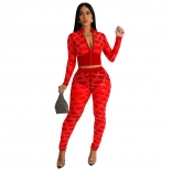 Red Sexy Mesh Diamonds Nightclub Long Sleeve Two Piece Jumpsuit Set for Women