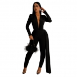 Black Women's Fashion Sexy Tight V Neck Long Sleeve Belt Party Office Lady Jumpsuit