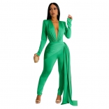 Green Women's Fashion Sexy Tight V Neck Long Sleeve Belt Party Office Lady Jumpsuit