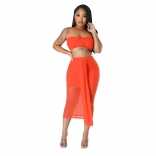 Orange Women's Sexy Mesh Sheer Wrap Chest Two Piece Set Party Midi Dress