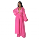 Pink Women's Solid Color Bat Sleeve Sexy Sheer Long Sleeve Jumpsuit Dress Sets