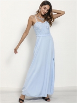 LightBlue Halter Lace Low Cut V-Neck Women's Fashion Casual Mesh Long Maxi Dress