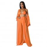 Orange Women's Solid Color Bat Sleeve Sexy Sheer Long Sleeve Jumpsuit Dress Sets