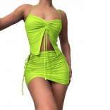 Green Low Cut V Neck Party Women Sexy Off Shoulder Drawstring Two Piece Set Mini Dress