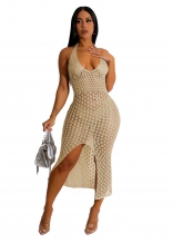 Beige Low Cut Hollow out Halter Knitting Sexy Fashion Midi Dress