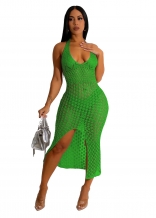 Green Low Cut Hollow out Halter Knitting Sexy Fashion Midi Dress