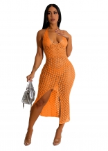 Orange Low Cut Hollow out Halter Knitting Sexy Fashion Midi Dress