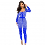 Blue Mesh Long Sleeve Rhinestone Two Piece Set Hollow Out Rompers Sexy Jumpsuit Dress