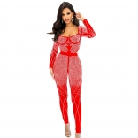 Red Mesh Long Sleeve Rhinestone Two Piece Set Hollow Out Rompers Sexy Jumpsuit Dress