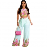 LightBlue Straps Printed Backless Bandage Sexy Women Two Piece Jumpsuit Sets