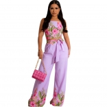 Purple Straps Printed Backless Bandage Sexy Women Two Piece Jumpsuit Sets