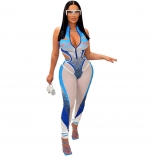 Blue Zipper Printed Sleeveless Women's Rompers Set Fitness Sexy Jumpsuit