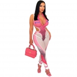 Pink Zipper Printed Sleeveless Women's Rompers Set Fitness Sexy Jumpsuit