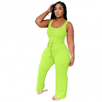 Green Sleeveless Spliced Casual Sleeveless Wide Leg Slim Fit Women Jumpsuit Plus Size