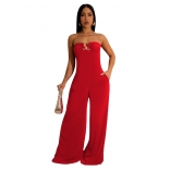 Red Women's Solid Color U-Shaped Button Wrapped Chest Wide Leg Fashion Sexy Jumpsuit