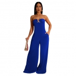 Blue Women's Solid Color U-Shaped Button Wrapped Chest Wide Leg Fashion Sexy Jumpsuit