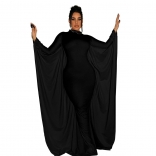 Black Women's Solid Color Bat Long Sleeve Evening Party Slim Fit Long Dress