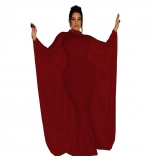 WineRed Women's Solid Color Bat Long Sleeve Evening Party Slim Fit Long Dress