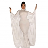 White Women's Solid Color Bat Long Sleeve Evening Party Slim Fit Long Dress
