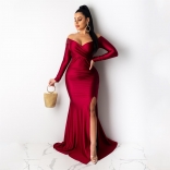 Red Low Cut Evening Long Sleeve Solid Split Party Maxi Dress