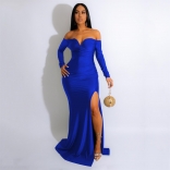 Blue Women's Silk Shiny Long Sleeve Skinny Sexy Floor Skirt Party Maxi Dress
