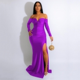 Purple Women's Silk Shiny Long Sleeve Skinny Sexy Floor Skirt Party Maxi Dress