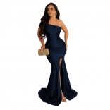 Navy Sleeveless Women's Fashion Sloping Off Shoulder Split Sexy Long Party Dress