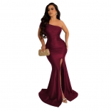 Red Sleeveless Women's Fashion Sloping Off Shoulder Split Sexy Long Party Dress