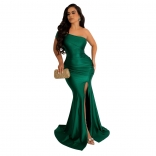Green Sleeveless Women's Fashion Sloping Off Shoulder Split Sexy Long Party Dress
