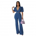 Blue Pleated Lantern Sleeves Fashion Casual Sexy Denim Hollow Out Women Jumpsuit