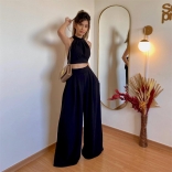Black Hanging Neck Slim Fit Wrapped Chest Folding High Waist Pants Two Piece Set