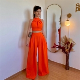 Orange Hanging Neck Slim Fit Wrapped Chest Folding High Waist Pants Two Piece Set