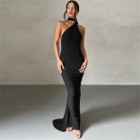 Black Metal Ring Backless Pleated Sleeveless Eveming Party Long Dress