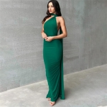 Green Metal Ring Backless Pleated Sleeveless Eveming Party Long Dress