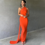 Orange Metal Ring Backless Pleated Sleeveless Eveming Party Long Dress
