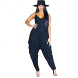 Navy Women's Solid V-Neck Strap Open Back Party Sexy Jumpsuit Wide Leg Pants