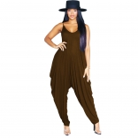 Brown Women's Solid V-Neck Strap Open Back Party Sexy Jumpsuit Wide Leg Pants