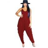 Red Women's Solid V-Neck Strap Open Back Party Sexy Jumpsuit Wide Leg Pants
