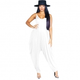 White Women's Solid V-Neck Strap Open Back Party Sexy Jumpsuit Wide Leg Pants
