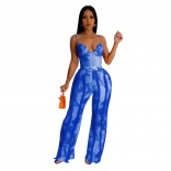 Blue Women's Set Printed Tassel Lace Strap Jumpsuit Two Piece Set