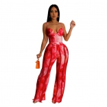 Red Women's Set Printed Tassel Lace Strap Jumpsuit Two Piece Set