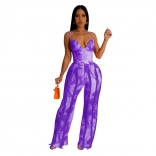 Purple Women's Set Printed Tassel Lace Strap Jumpsuit Two Piece Set