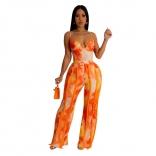 Orange Women's Set Printed Tassel Lace Strap Jumpsuit Two Piece Set