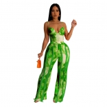 Green Women's Set Printed Tassel Lace Strap Jumpsuit Two Piece Set