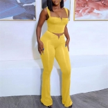 Yellow Solid Small V Design Party Women High Waist Elastic Strap Jumpsuit Set