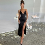 Black Party Bodycon V-Neck Pleated Strap Split Long Dress for Women