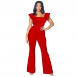 Red Women's Solid Color Ruffle Square Neck Pants One Piece Jumpsuit for Women