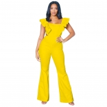 Yellow Women's Solid Color Ruffle Square Neck Pants One Piece Jumpsuit for Women