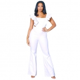 White Women's Solid Color Ruffle Square Neck Pants One Piece Jumpsuit for Women